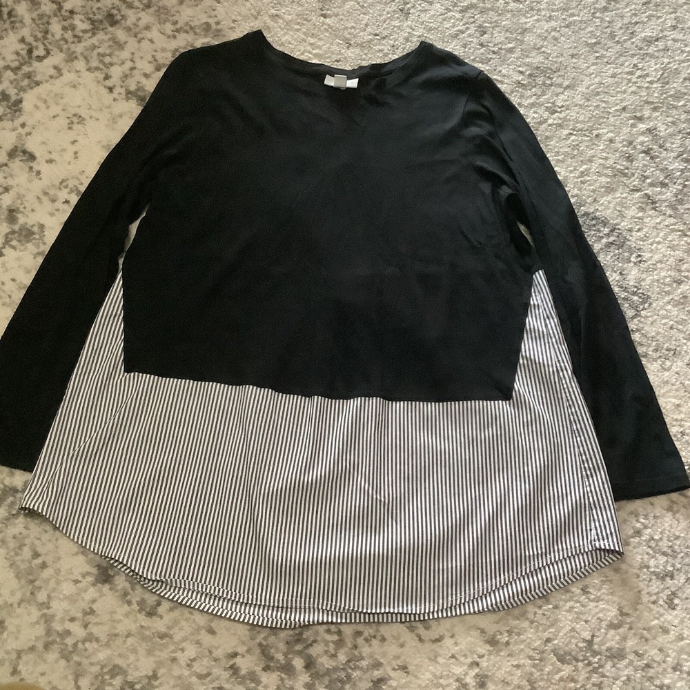 J. JILL Women Cotton Modal Combo Long Blouse Black Multi Stripe Sz M
